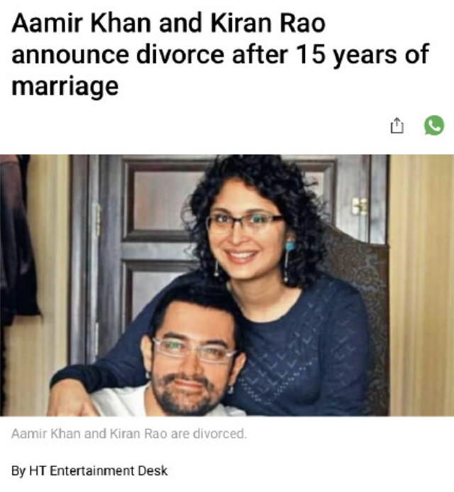 印度巨星阿米尔汗和妻子发联合声明宣布离婚，曾主演《摔跤吧！爸爸》