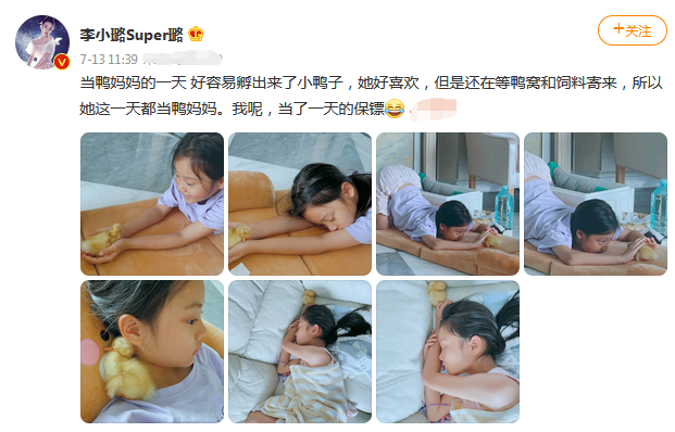 李小璐分享9岁甜馨日常照，侧颜像极了贾乃亮，和鸭子同睡好有爱